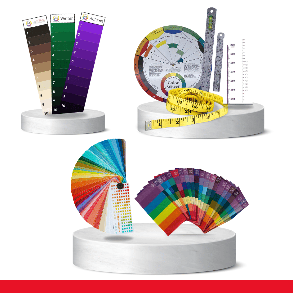 The Business Starter Kit of ByFERIAL picture which includes Color of the Month swatches, multi-colored drapes, 16 personal color wheels, and measuring tools such as tape measure and ruler