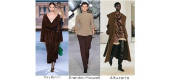 Model in Mocha Mousse outfit from Fall/Winter 2025 color trends, featuring a luxe neutral brown as the new alternative to black.